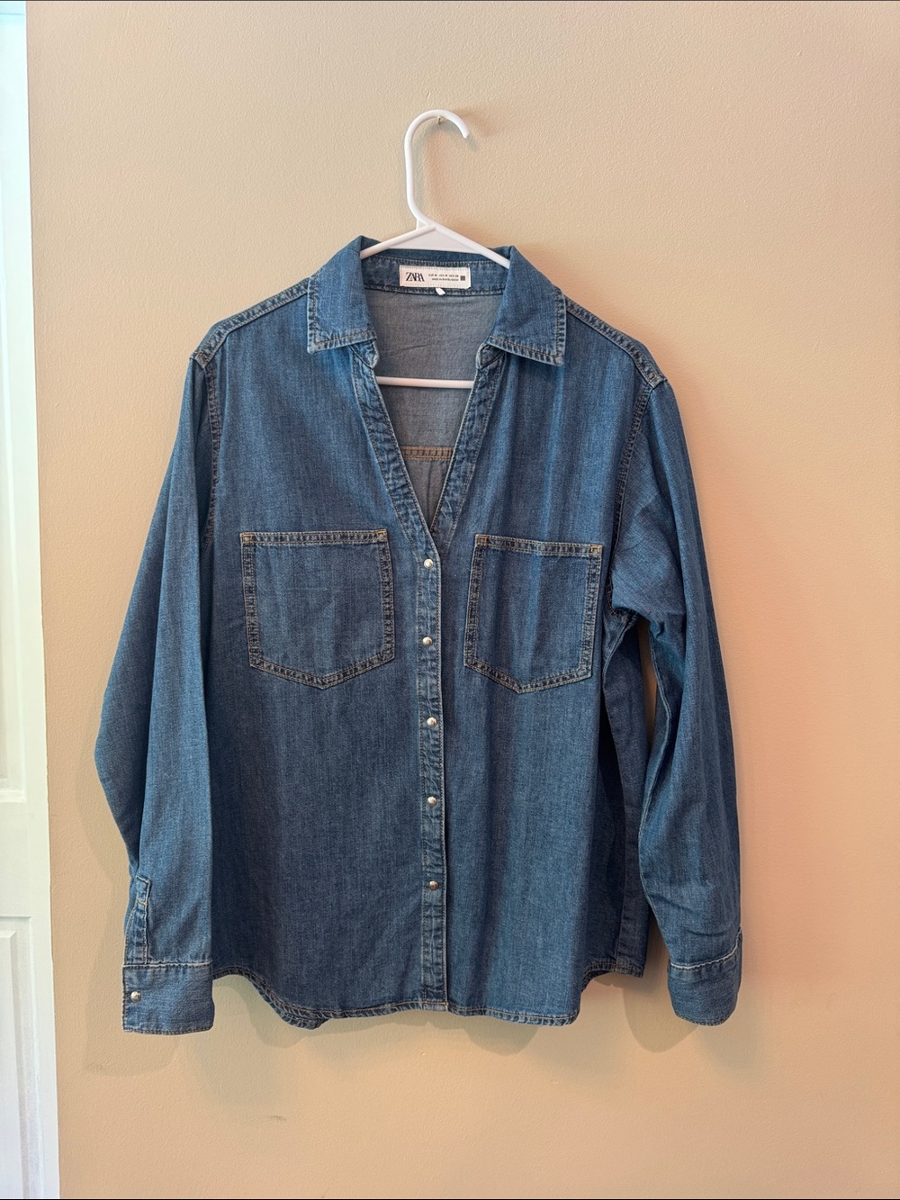 Zara Medium Blue Denim Button-Up Shirt Jacket